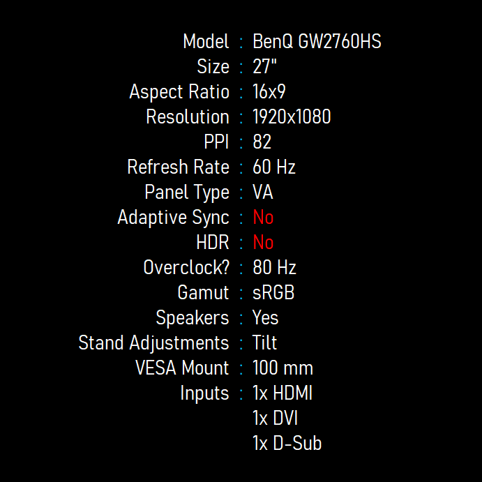 27 BenQ GW2760 - Specifications